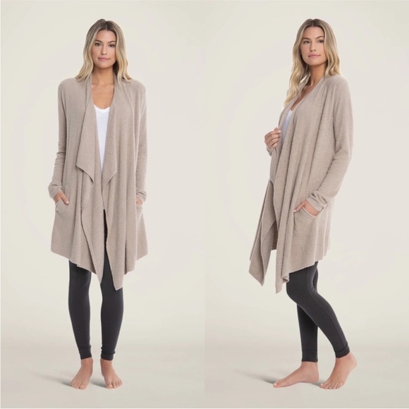 Barefoot Dreams Sweaters - Barefoot Dreams Cozy Chic Lite Island Wrap Draped Cardigan in Taupe, Size S/M